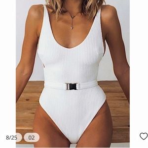 One-piece White Swimsuit with Belt